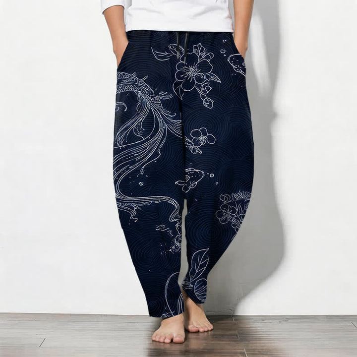 Buddha Stones Pure Cotton Koi Floral Wave Pattern Drawstring Men's Tapered Pants With Pockets - Navy - US/UK/AU50，EU60 (5XL) - image 11