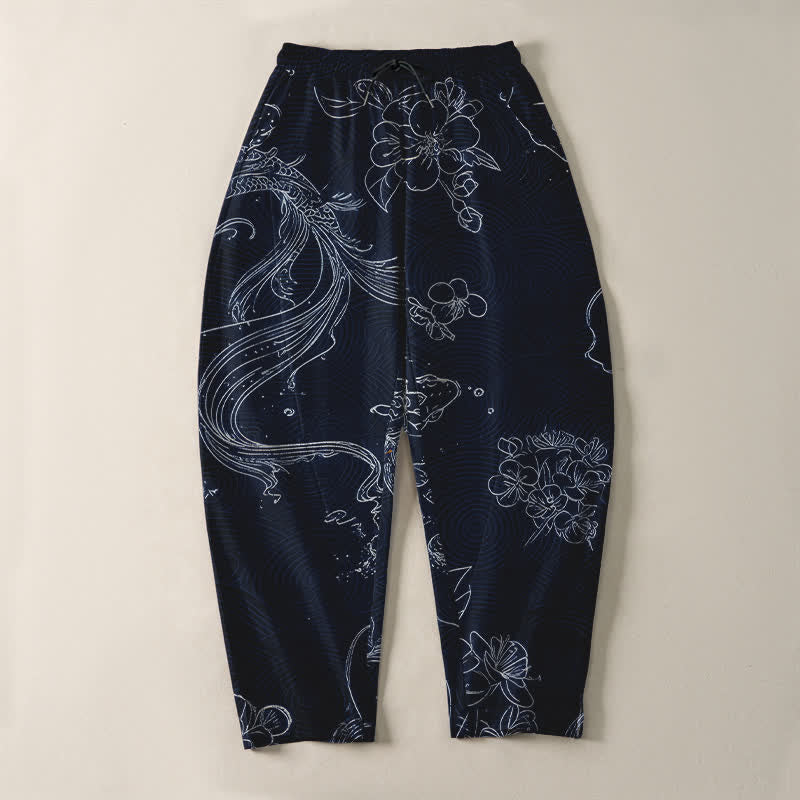 Buddha Stones Pure Cotton Koi Floral Wave Pattern Drawstring Men's Tapered Pants With Pockets - image 13