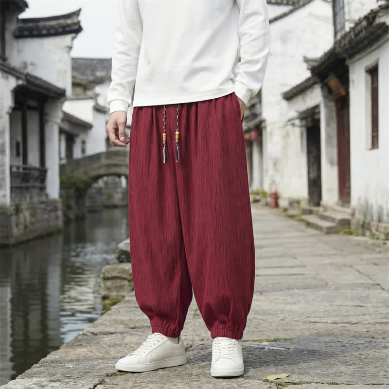 Buddha Stones Spring Fall Casual Vintage Drawstring Solid Ankle Pants Men's Harem Pants With Pockets - FireBrick - Regular - US/UK/AU48，EU58 (6XL) - image 14