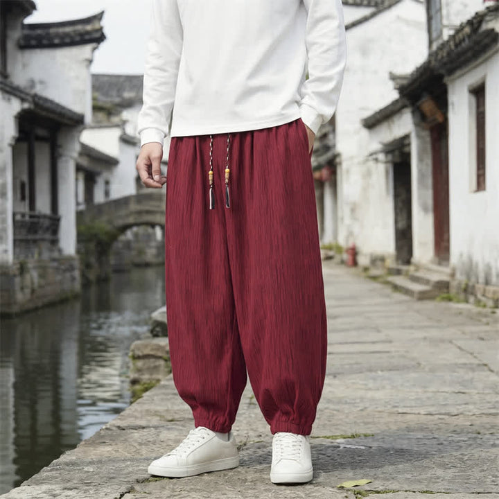 Buddha Stones Spring Fall Casual Vintage Drawstring Solid Ankle Pants Men's Harem Pants With Pockets - FireBrick - Regular - US/UK/AU48，EU58 (6XL) - image 14