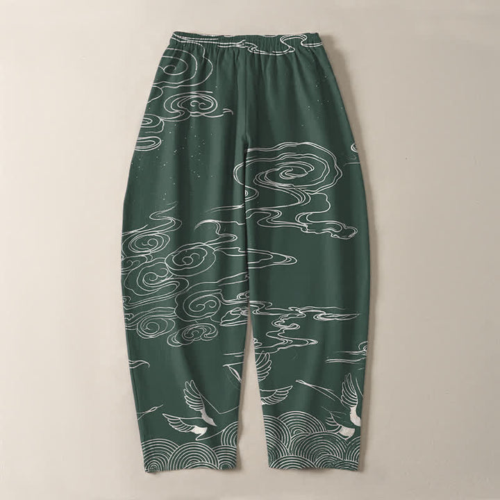 Buddha Stones Pure Cotton Auspicious Cloud Crane Pattern Drawstring Men's Tapered Pants With Pockets - image 3