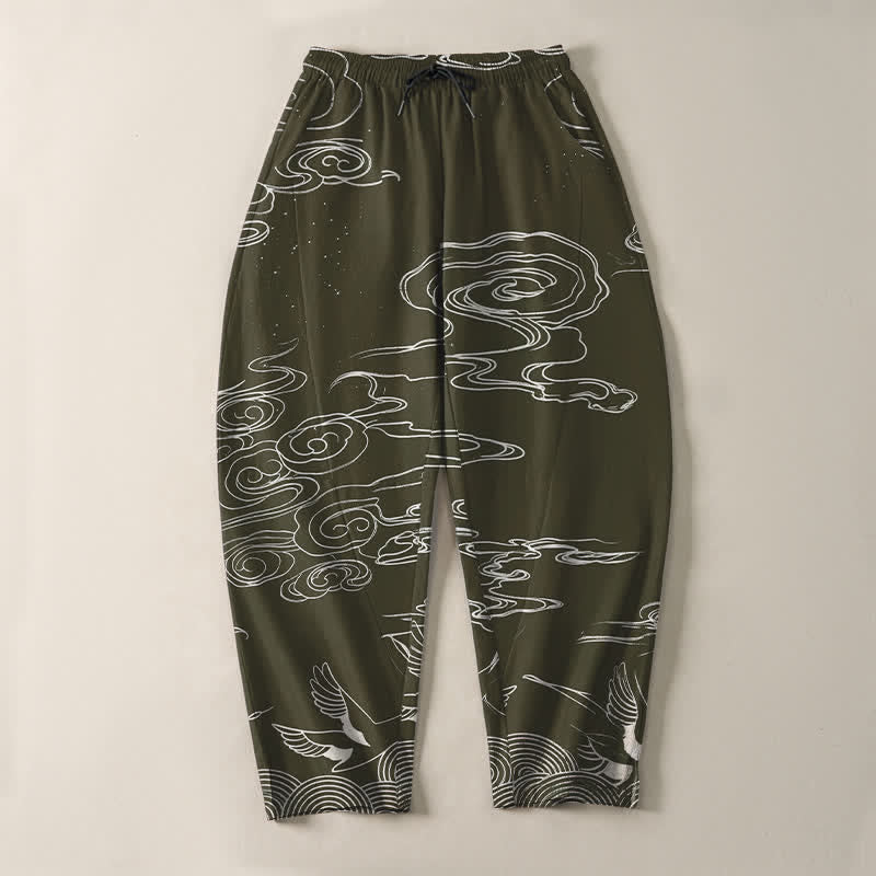 Buddha Stones Pure Cotton Auspicious Cloud Crane Pattern Drawstring Men's Tapered Pants With Pockets - image 9