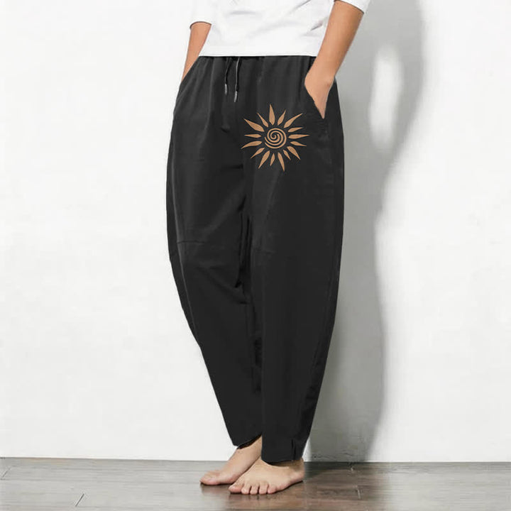 Buddha Stones Pure Cotton Sun Spiral Pattern Drawstring Men's Tapered Pants With Pockets - image 1