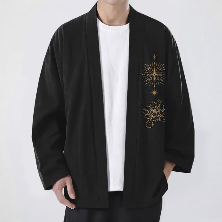 Buddha Stones Cotton Radiant Lotus Starburst Pattern Open Front Men's Kimono - Black - US/UK/AU48，EU58 (4XL) - image 0