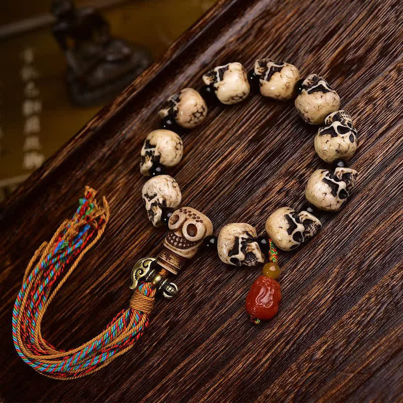 Buddha Stones Tibetan Hand Carved Bone Bead Lord of the Corpse Forest Pattern Protection Bracelet - 22 × 14 × 13mm - image 0