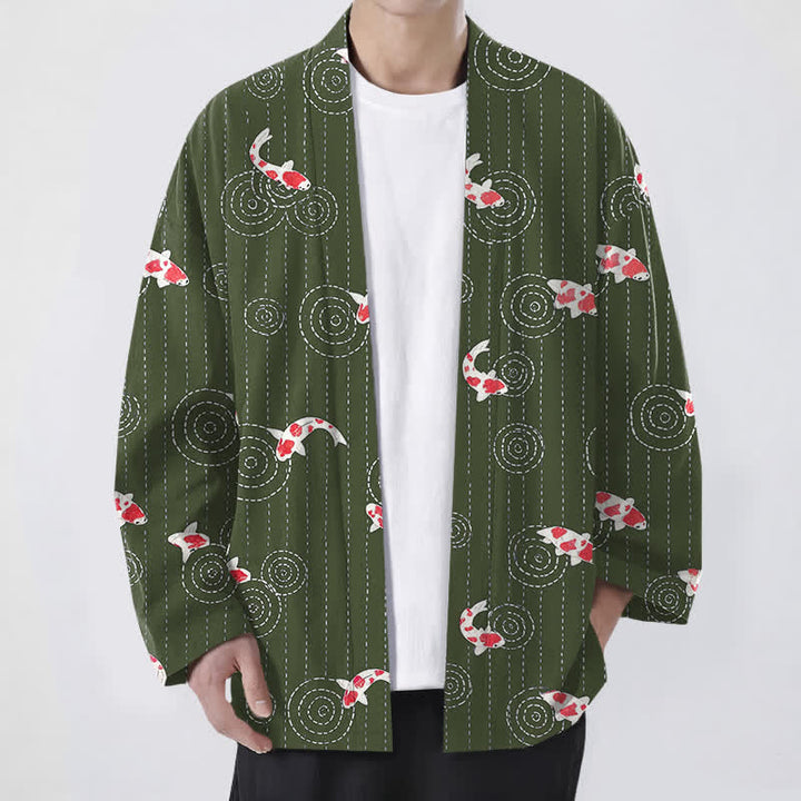 Buddha Stones Cotton Koi Ripple Pattern Open Front Men's Kimono - DarkOliveGreen - US/UK/AU48，EU58 (4XL) - image 9