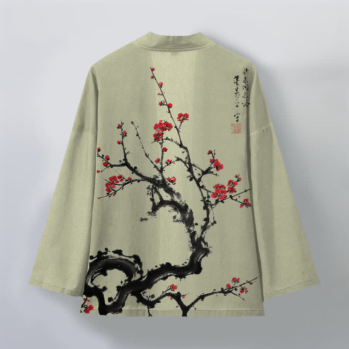 Buddha Stones Cotton Ink Plum Blossom Pattern Open Front Men's Kimono - image 8