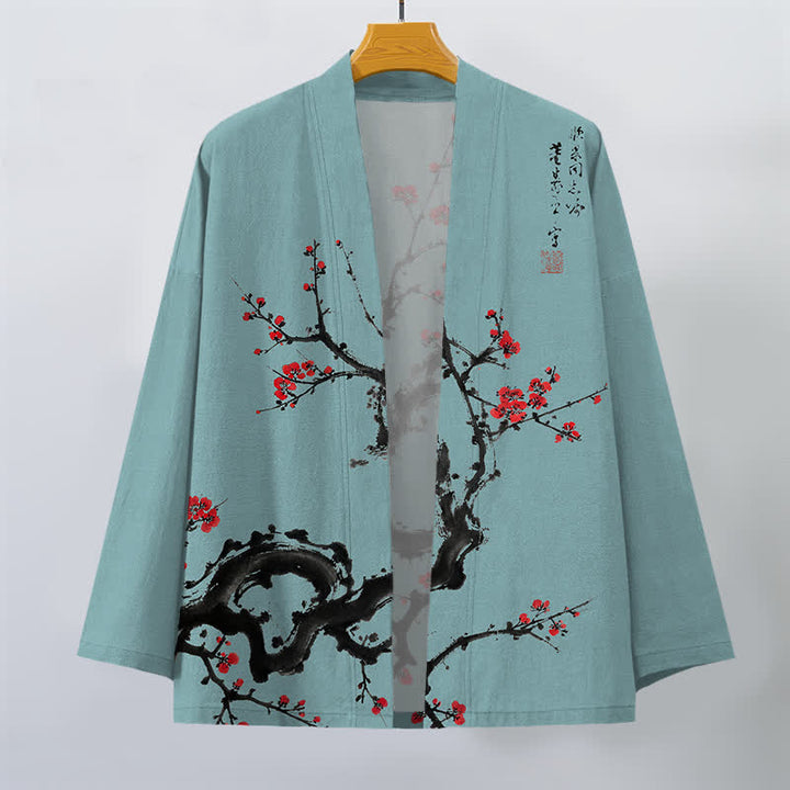 Buddha Stones Cotton Ink Plum Blossom Pattern Open Front Men's Kimono - image 10