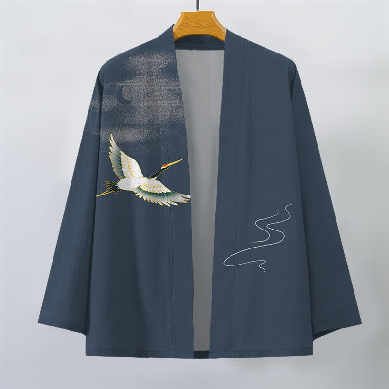 Buddha Stones Cotton Crane Moon Waves Pattern Open Front Men's Kimono - image 1