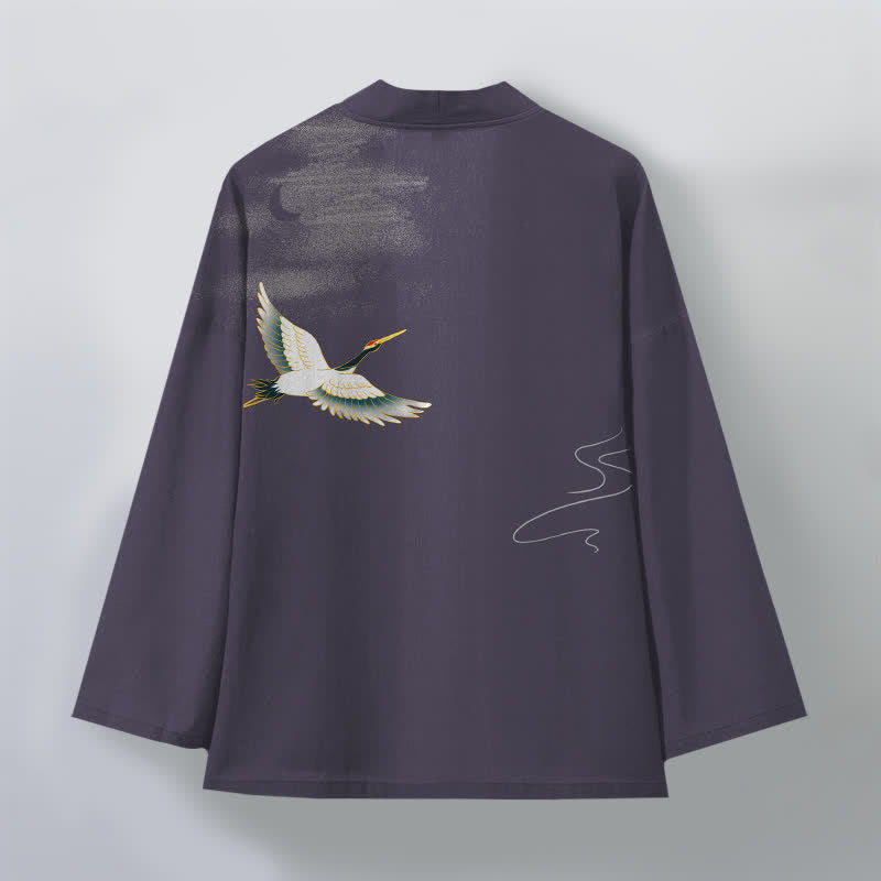 Buddha Stones Cotton Crane Moon Waves Pattern Open Front Men's Kimono - image 8