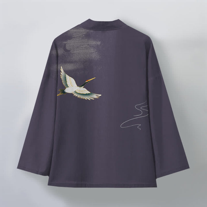 Buddha Stones Cotton Crane Moon Waves Pattern Open Front Men's Kimono - image 8