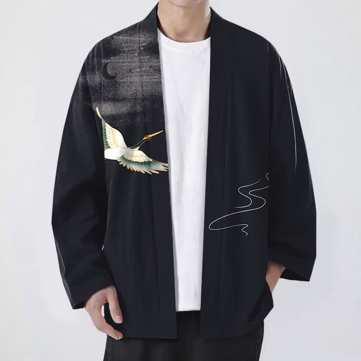 Buddha Stones Cotton Crane Moon Waves Pattern Open Front Men's Kimono - Black - US/UK/AU48，EU58 (4XL) - image 9