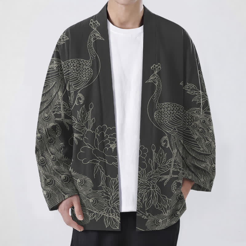 Buddha Stones Cotton Peacock Peony Line Art Pattern Open Front Men's Kimono - Black - US/UK/AU48，EU58 (4XL) - image 0