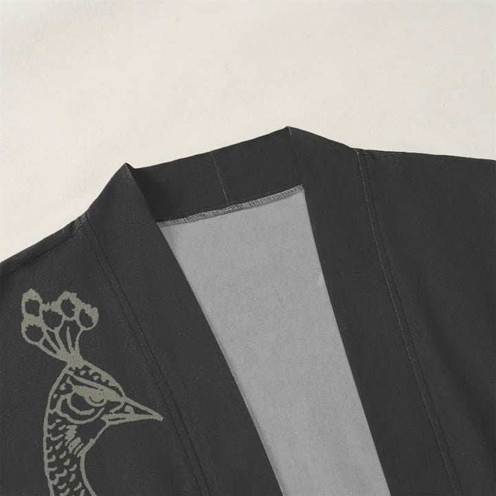 Buddha Stones Cotton Peacock Peony Line Art Pattern Open Front Men's Kimono - image 3
