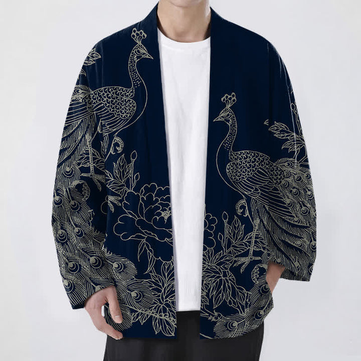 Buddha Stones Cotton Peacock Peony Line Art Pattern Open Front Men's Kimono - Navy - US/UK/AU48，EU58 (4XL) - image 6