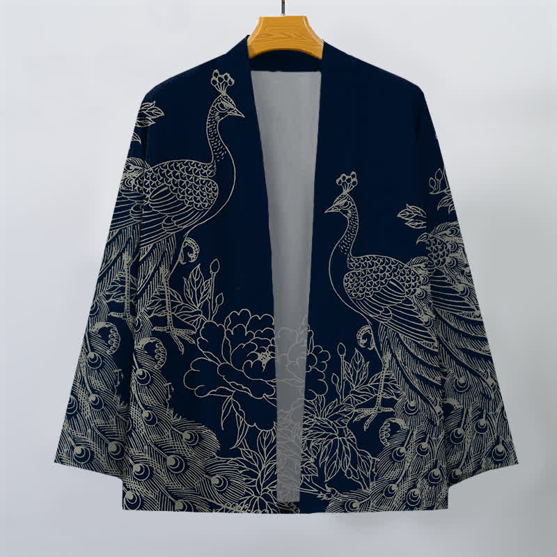 Buddha Stones Cotton Peacock Peony Line Art Pattern Open Front Men's Kimono - image 7