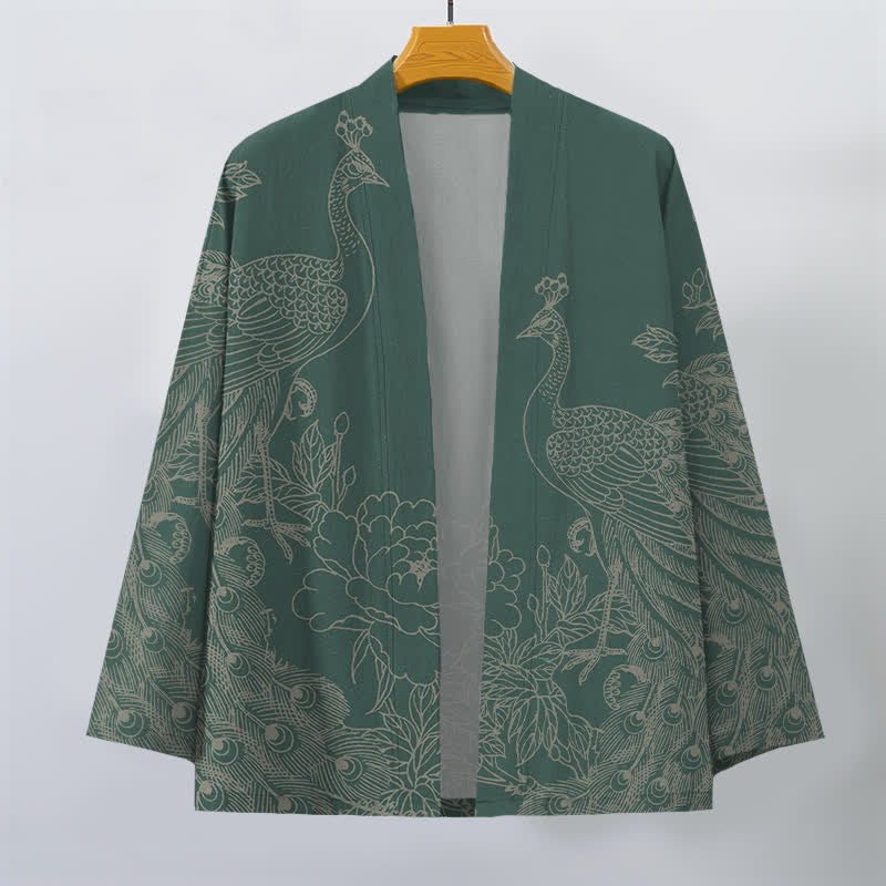 Buddha Stones Cotton Peacock Peony Line Art Pattern Open Front Men's Kimono - image 10