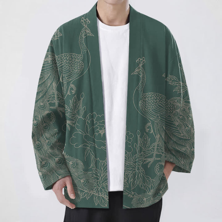 Buddha Stones Cotton Peacock Peony Line Art Pattern Open Front Men's Kimono - MediumSeaGreen - US/UK/AU48，EU58 (4XL) - image 9