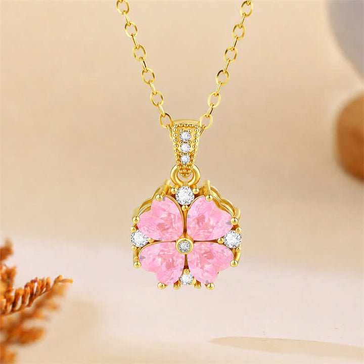 Buddha Stones Copper Pink Clover Inlaid Zircon Harmonic Connection Necklace - Pink - image 0