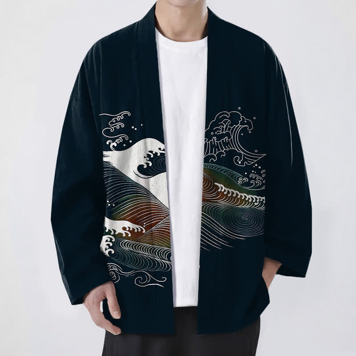 Buddha Stones Cotton Flowing Ocean Wave Pattern Open Front Men's Kimono - Black - US/UK/AU48，EU58 (4XL) - image 0