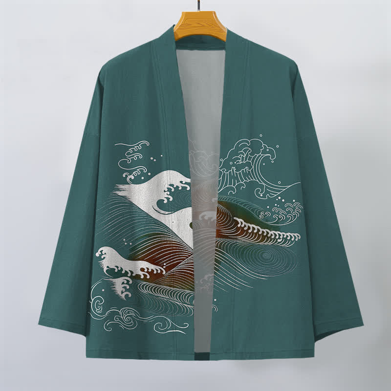 Buddha Stones Cotton Flowing Ocean Wave Pattern Open Front Men's Kimono - image 7