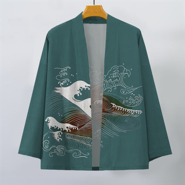 Buddha Stones Cotton Flowing Ocean Wave Pattern Open Front Men's Kimono - image 7