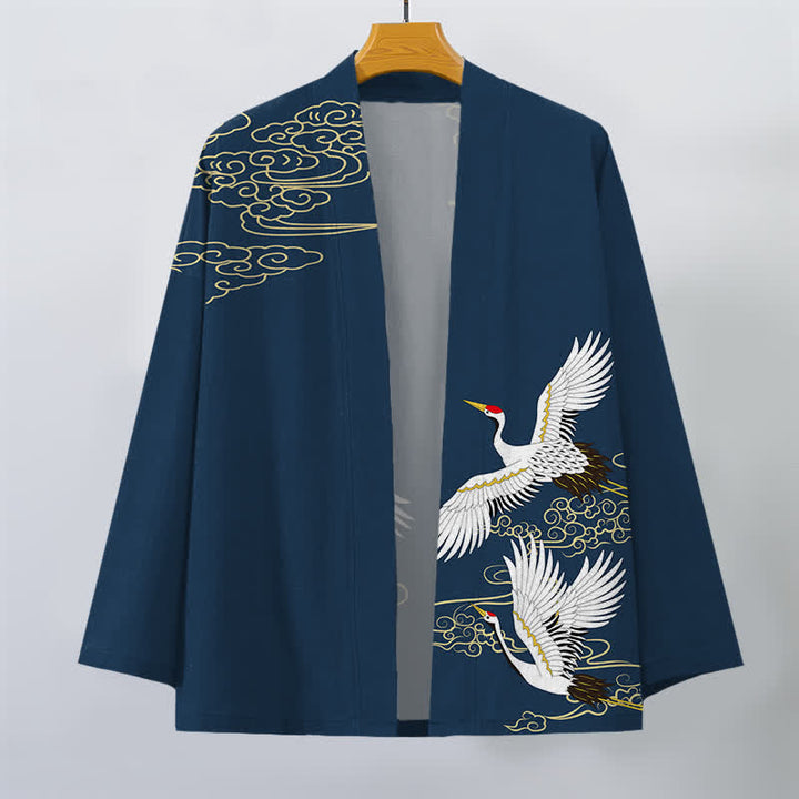 Buddha Stones Cotton White Crane Auspicious Cloud Pattern Open Front Men's Kimono - image 10