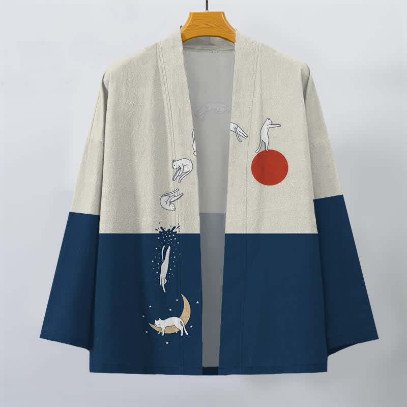 Buddha Stones Cotton Cat Sun Crescent Pattern Open Front Men's Kimono - image 1