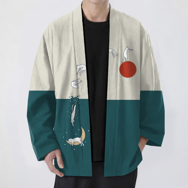 Buddha Stones Cotton Cat Sun Crescent Pattern Open Front Men's Kimono - Teal - US/UK/AU48，EU58 (4XL) - image 9