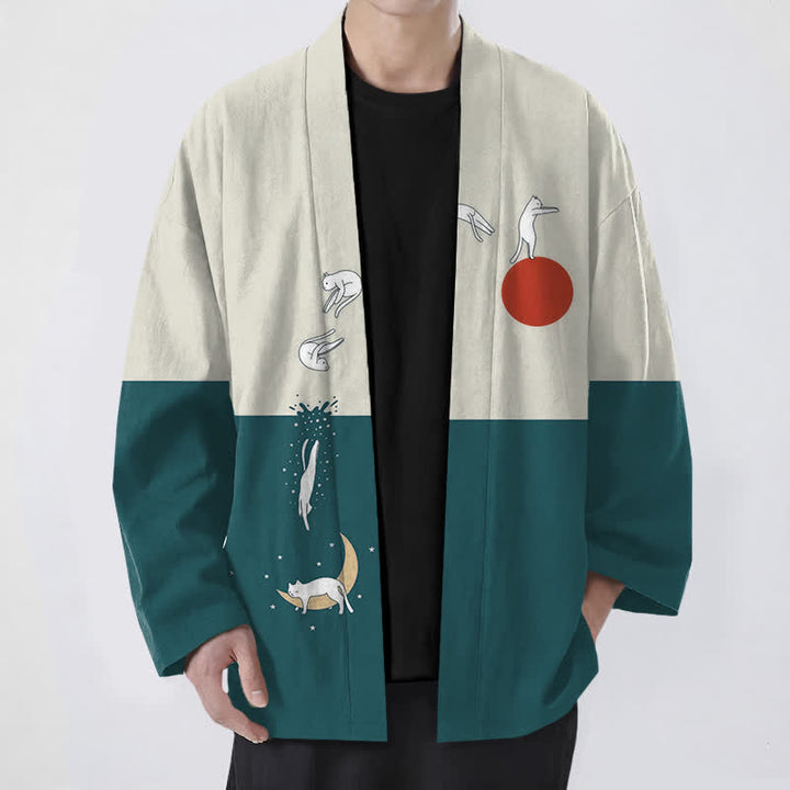 Buddha Stones Cotton Cat Sun Crescent Pattern Open Front Men's Kimono - Teal - US/UK/AU48，EU58 (4XL) - image 9