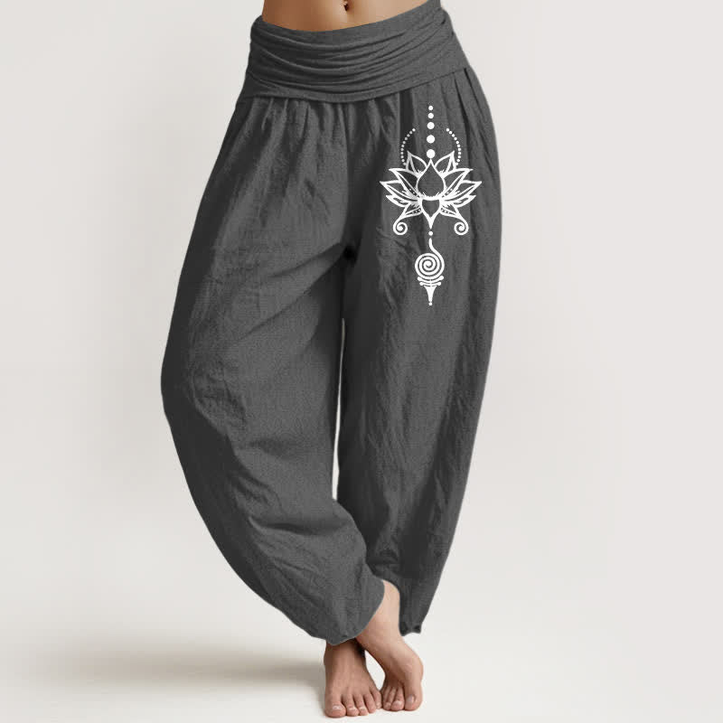 Buddha Stones Pure Cotton Zen Lotus Geometry Pattern Women's Elastic Waist Harem Pants - DimGray - US16，UK/AU20，EU48 (3XL) - image 8