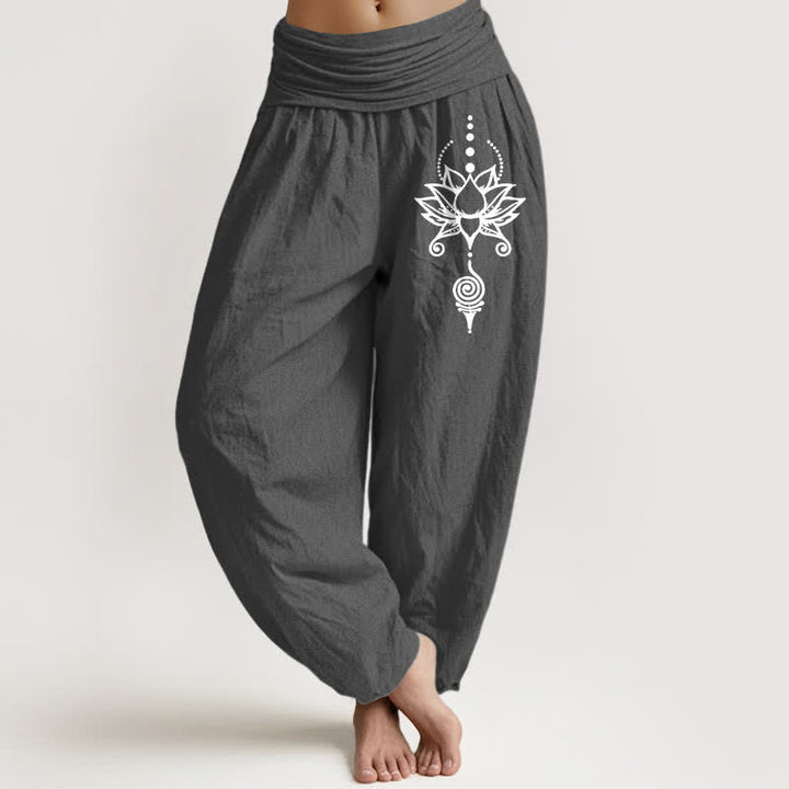 Buddha Stones Pure Cotton Zen Lotus Geometry Pattern Women's Elastic Waist Harem Pants - DimGray - US16，UK/AU20，EU48 (3XL) - image 8