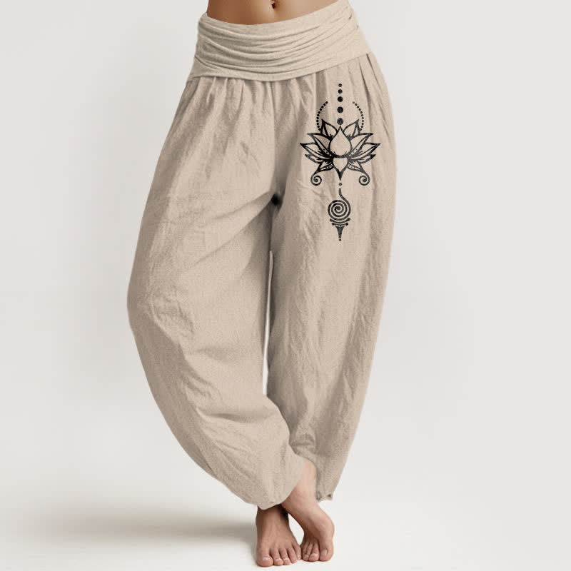 Buddha Stones Pure Cotton Zen Lotus Geometry Pattern Women's Elastic Waist Harem Pants - Tan - US16，UK/AU20，EU48 (3XL) - image 11