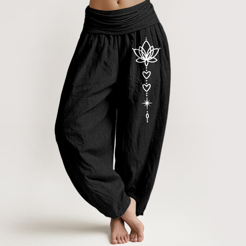 Buddha Stones Pure Cotton Lotus Heart Star Pattern Women's Elastic Waist Harem Pants - Black - US16，UK/AU20，EU48 (3XL) - image 0