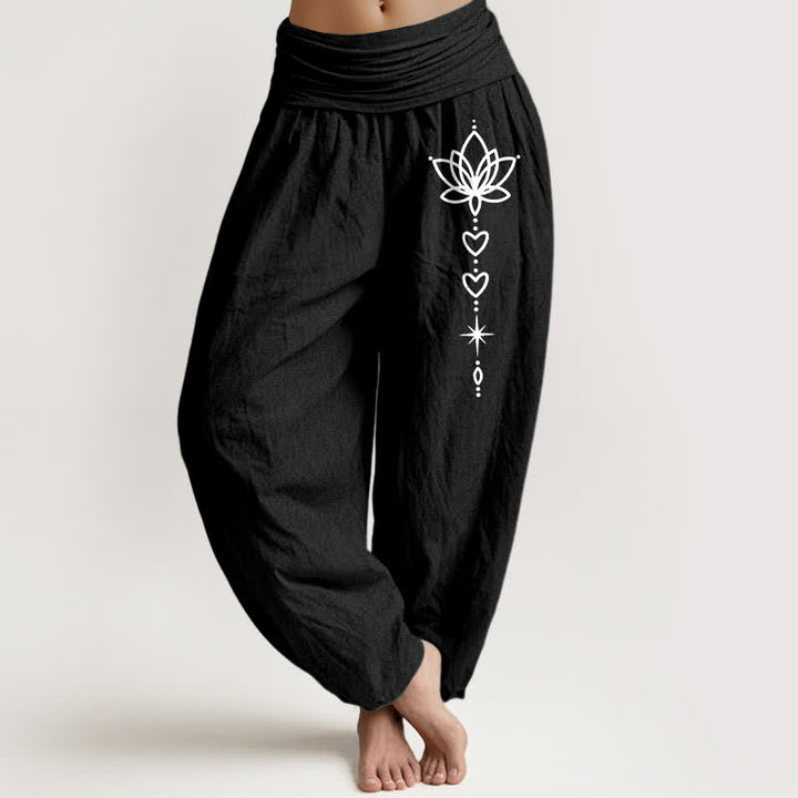 Buddha Stones Pure Cotton Lotus Heart Star Pattern Women's Elastic Waist Harem Pants - Black - US16，UK/AU20，EU48 (3XL) - image 0