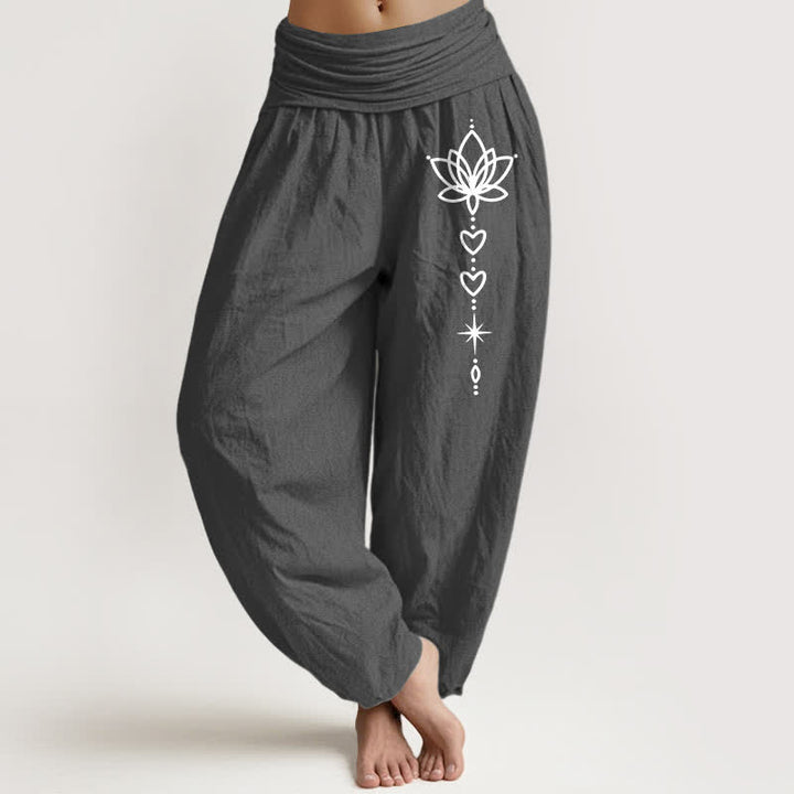 Buddha Stones Pure Cotton Lotus Heart Star Pattern Women's Elastic Waist Harem Pants - DimGray - US16，UK/AU20，EU48 (3XL) - image 8