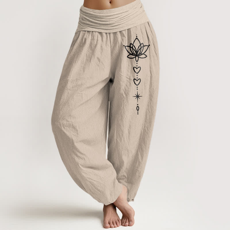 Buddha Stones Pure Cotton Lotus Heart Star Pattern Women's Elastic Waist Harem Pants - Tan - US16，UK/AU20，EU48 (3XL) - image 11