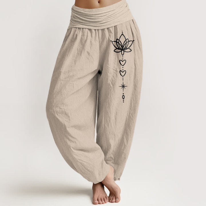 Buddha Stones Pure Cotton Lotus Heart Star Pattern Women's Elastic Waist Harem Pants - Tan - US16，UK/AU20，EU48 (3XL) - image 11