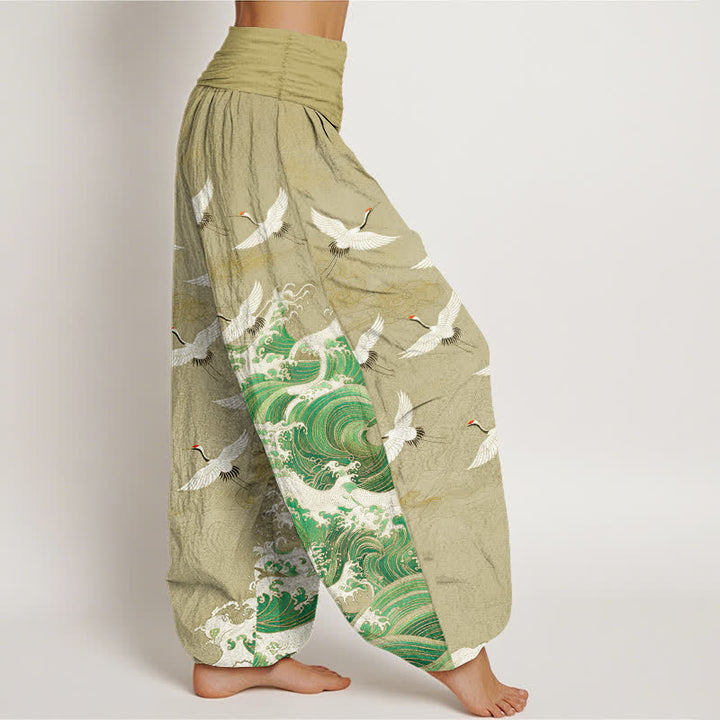 Buddha Stones Cotton White Crane Sea Wave Pattern Women's Elastic Waist Harem Pants - image 6