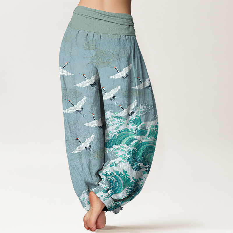 Buddha Stones Cotton White Crane Sea Wave Pattern Women's Elastic Waist Harem Pants - image 10