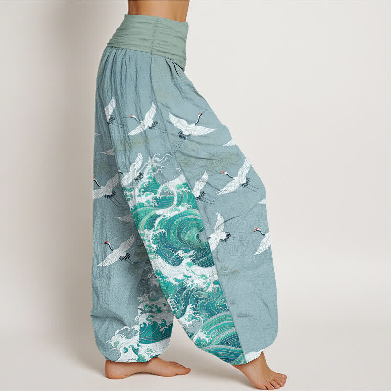 Buddha Stones Cotton White Crane Sea Wave Pattern Women's Elastic Waist Harem Pants - image 9