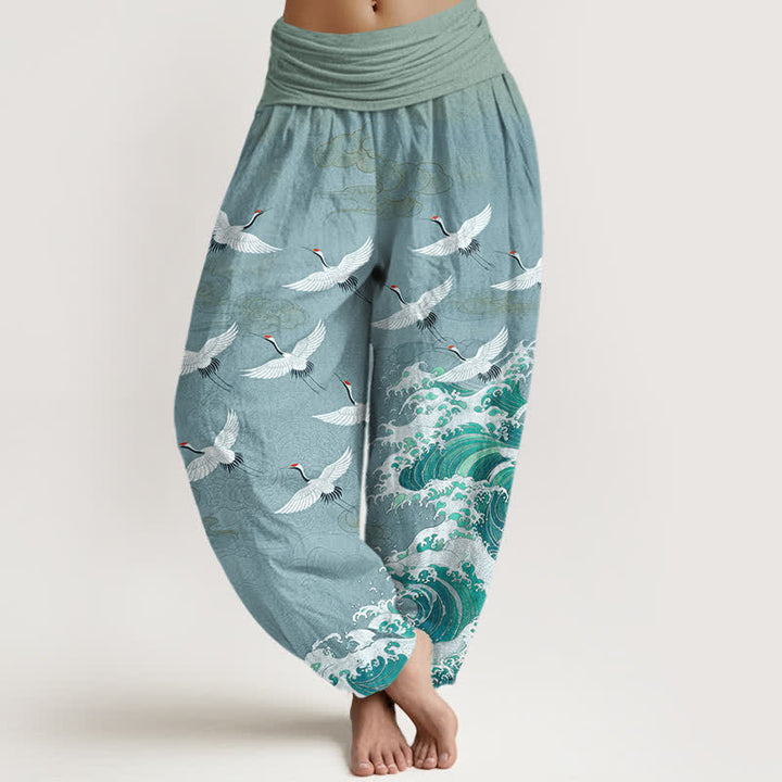 Buddha Stones Cotton White Crane Sea Wave Pattern Women's Elastic Waist Harem Pants - MediumTurquoise - US16，UK/AU20，EU48 (3XL) - image 8