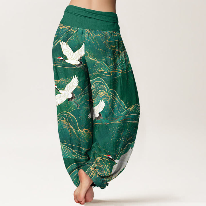 Buddha Stones Cotton Oriental Crane Mountain Pattern Women's Elastic Waist Harem Pants - image 2