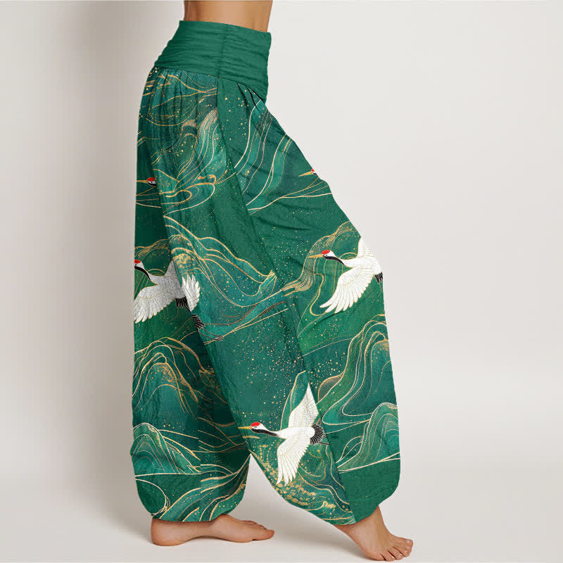 Buddha Stones Cotton Oriental Crane Mountain Pattern Women's Elastic Waist Harem Pants - image 1
