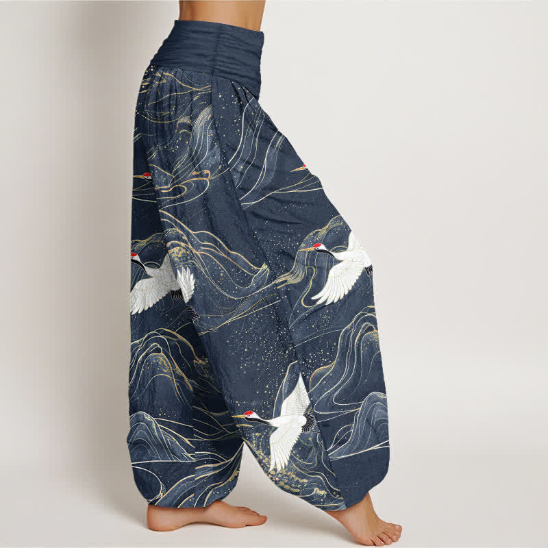 Buddha Stones Cotton Oriental Crane Mountain Pattern Women's Elastic Waist Harem Pants - image 9