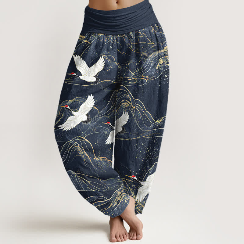 Buddha Stones Cotton Oriental Crane Mountain Pattern Women's Elastic Waist Harem Pants - MidnightBlue - US16，UK/AU20，EU48 (3XL) - image 8