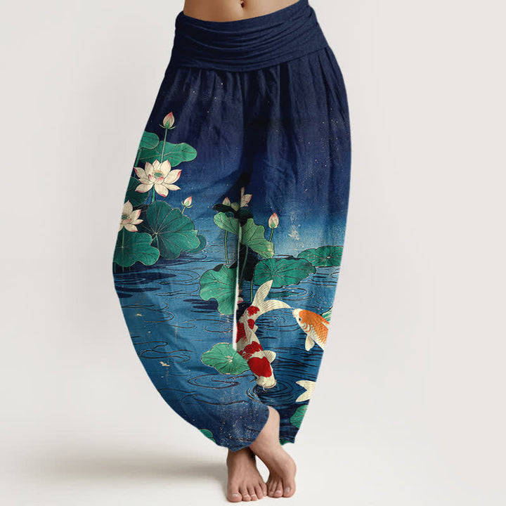 Buddha Stones Cotton Blooming Lotus Koi Pattern Women's Elastic Waist Harem Pants - Navy - US16，UK/AU20，EU48 (3XL) - image 0
