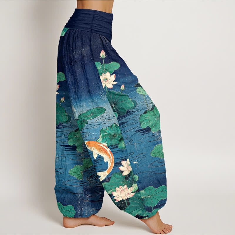 Buddha Stones Cotton Blooming Lotus Koi Pattern Women's Elastic Waist Harem Pants - image 2