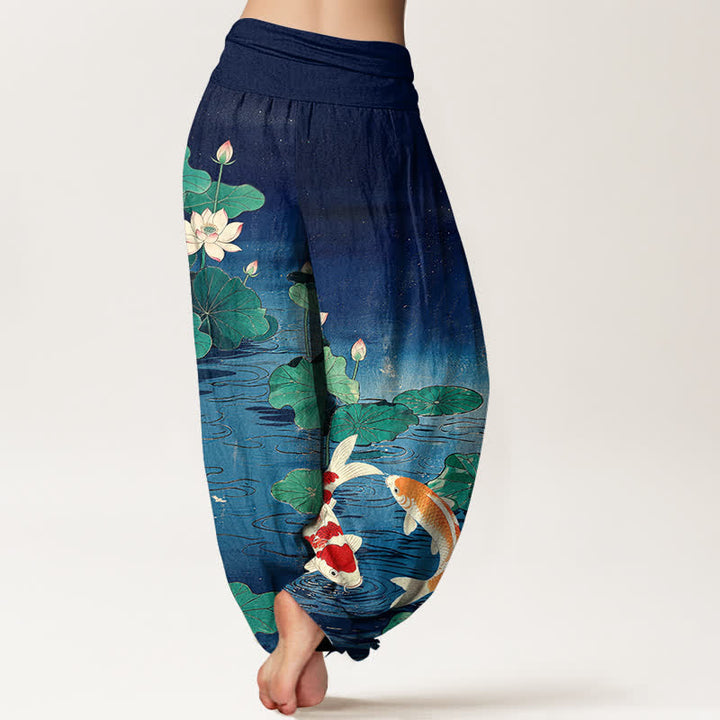 Buddha Stones Cotton Blooming Lotus Koi Pattern Women's Elastic Waist Harem Pants - image 1
