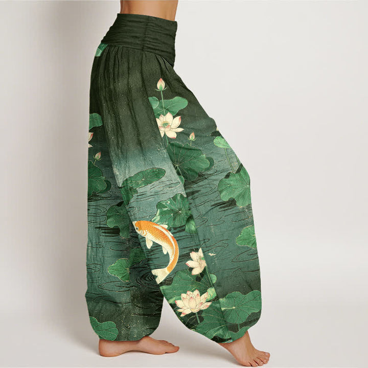 Buddha Stones Cotton Blooming Lotus Koi Pattern Women's Elastic Waist Harem Pants - image 6